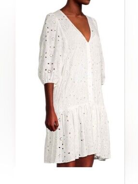 Johnny Was MAURICE White Eyelet Cotton VNeck Midi Tiered Drop Waist Dress LARGE